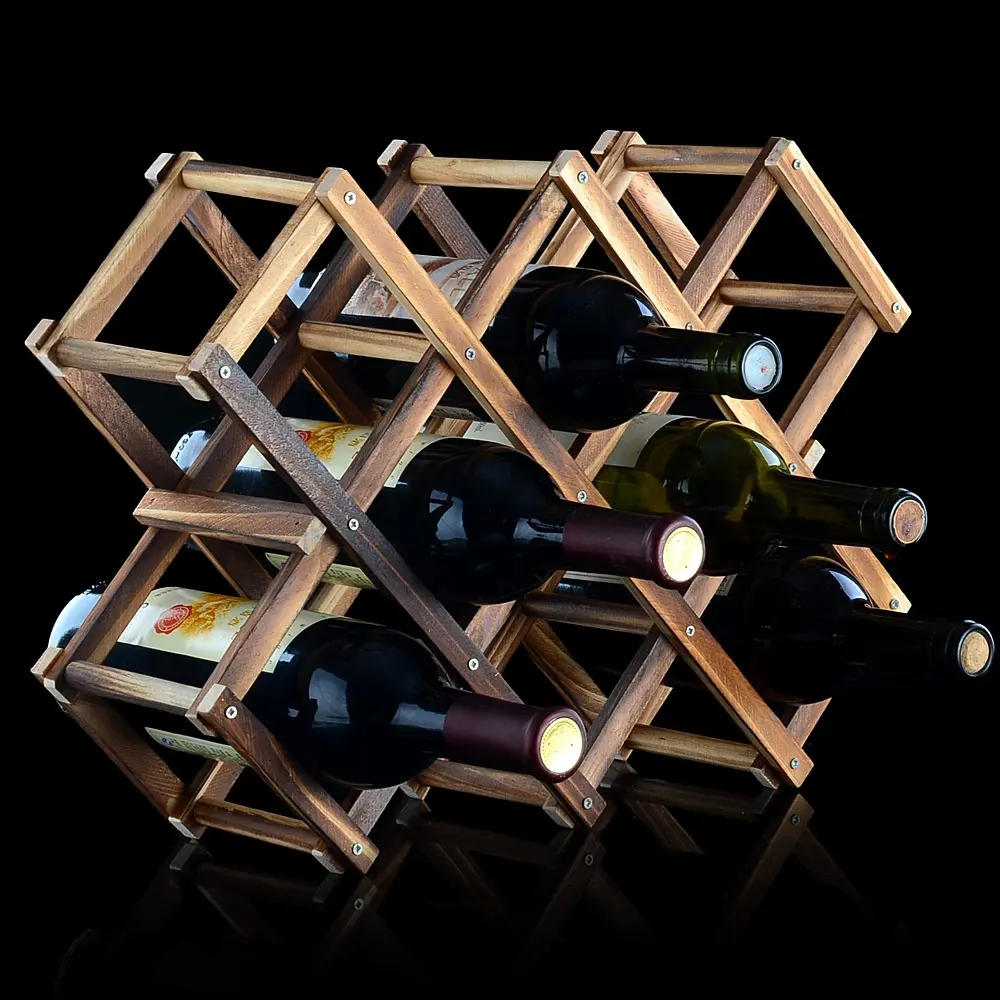 10 Bottle FoldableTabletop Free Standing Wine Bottle Stand Holder Wooden Stackable Wine Cellar Storage Countertop Wine Racks