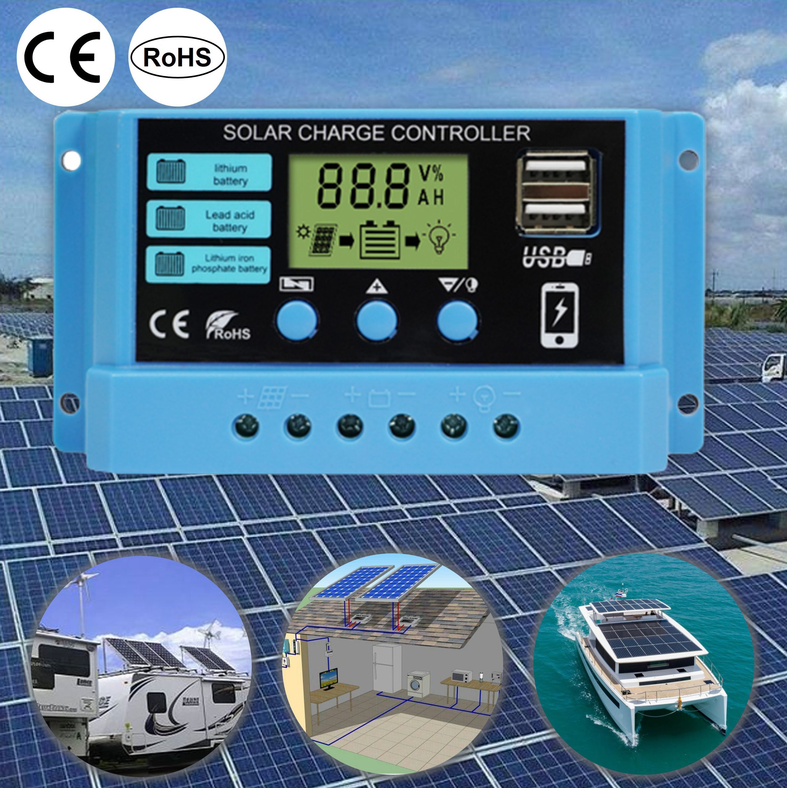 Newly Upgraded Solar Charge Controller PWM 10A 20A 30A Solar Power Regulator 12V 24V Auto Dual USB LCD Display Load Discharger