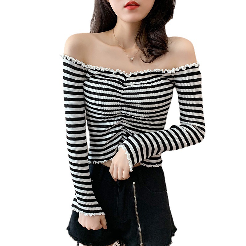 Autumn Sexy knitted sweatshirt thin top Slim short striped long-sleeved knitted bottoming shirt women