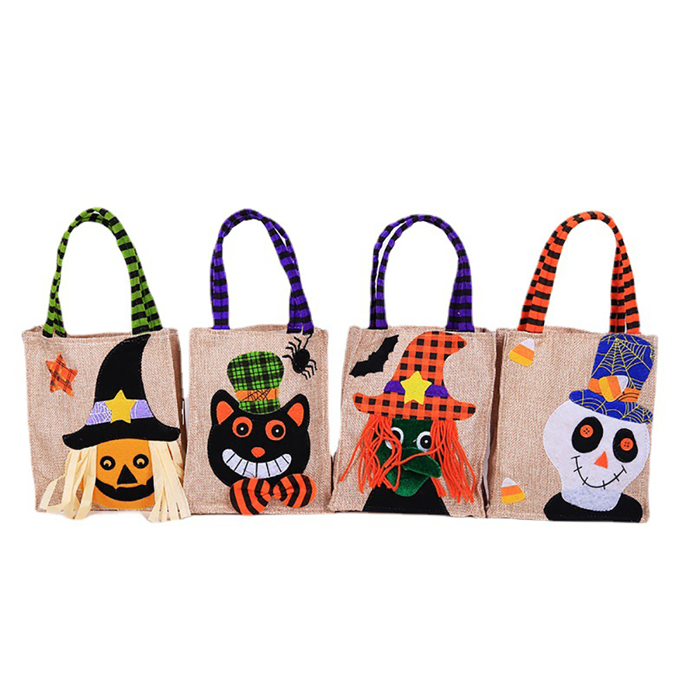 2021 Popular Various Styles Halloween Party Decorations Hemp Cloth Witch Handbag Pumpkin Black Cat Tote Bag Candy Pocket H56