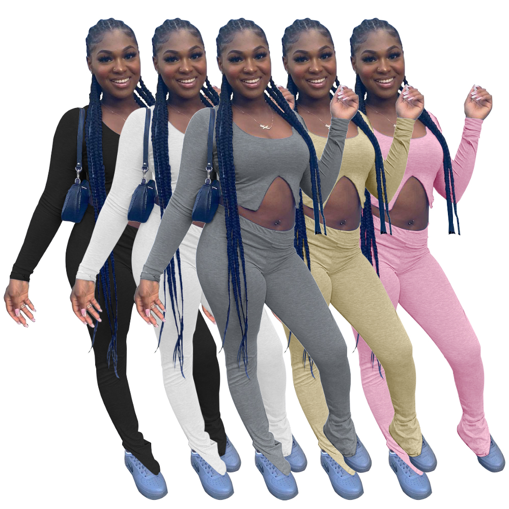 Solid color long-sleeved split cotton workout crop top women sets two piece pants set