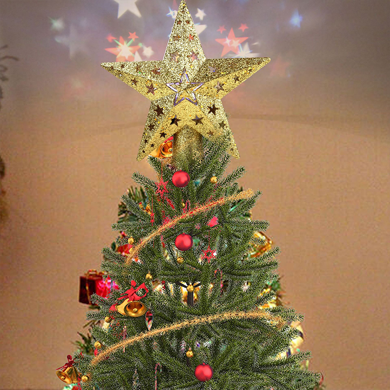YR 3D Glitter Star LED Christmas Tree Topper with Built-in Rotating White Snowflake Projector Laser Christmas Tree Ornament