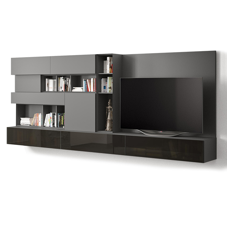 High Gloss Black and Matt Grey Entertainment TV with Panel and Shelving
