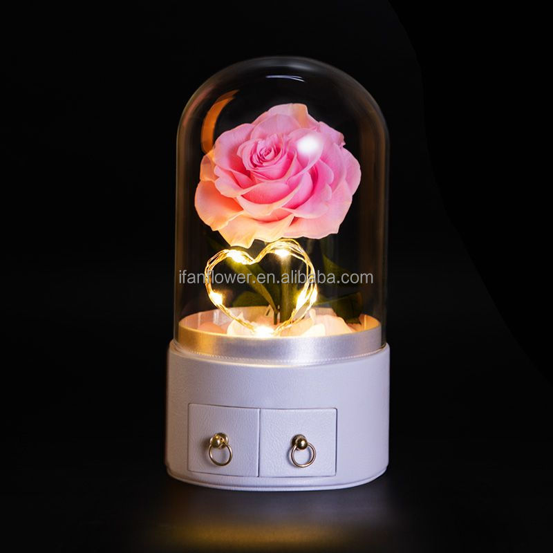 Factory Supply Wholesale Preserved Rose Flower In Glass Dome In Gift Boxes For Birthday