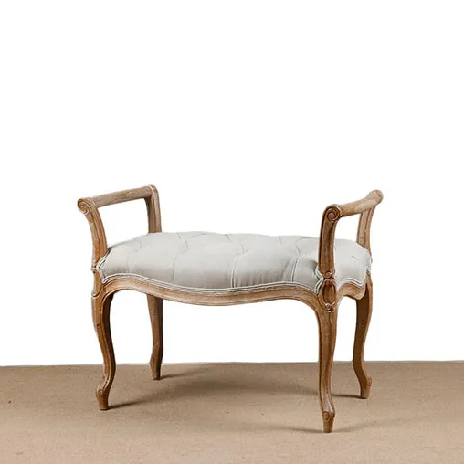 Vintage living room furniture oak wooden frame bench linen cushion bed end stool