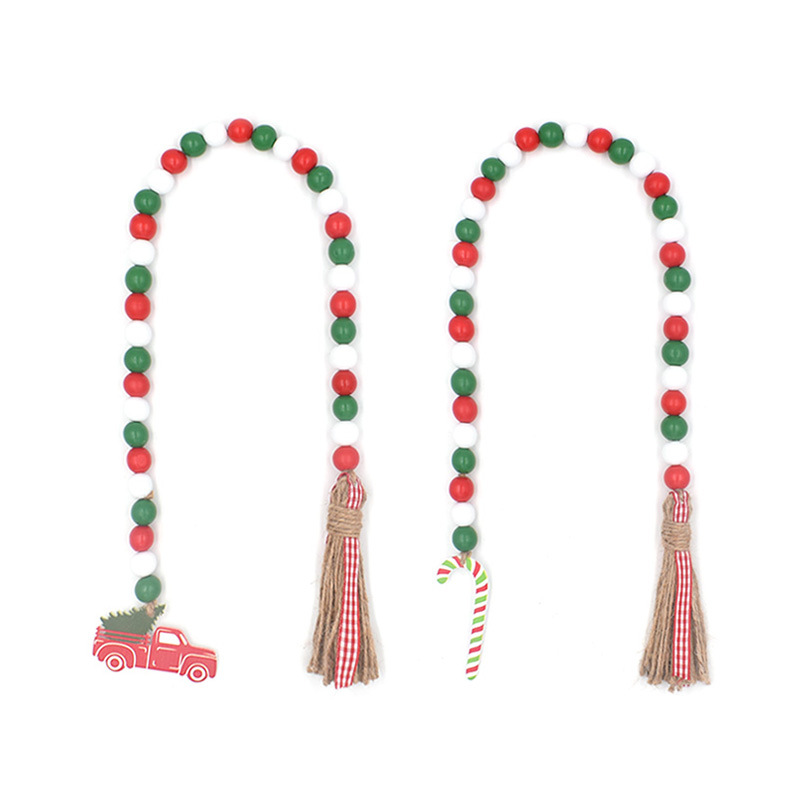 Christmas Wood Bead Garland Farmhouse Tassel Red Wood Beads Plaid 16mm Jute Cord Decor