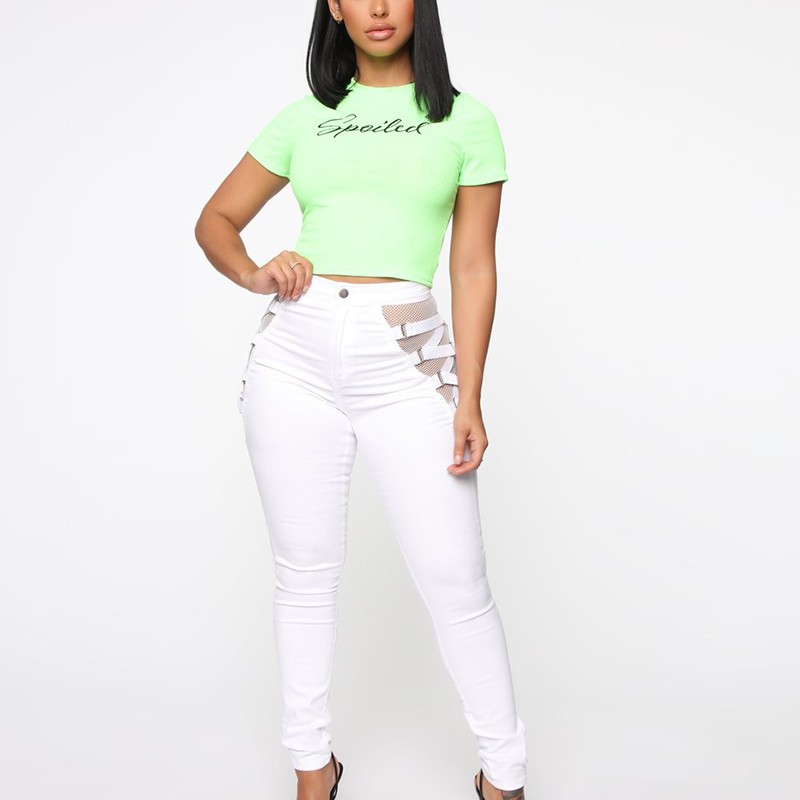 Wholesale Custom Cheap Price Mesh Lace Jeans Wholesale Ladies White Jeans