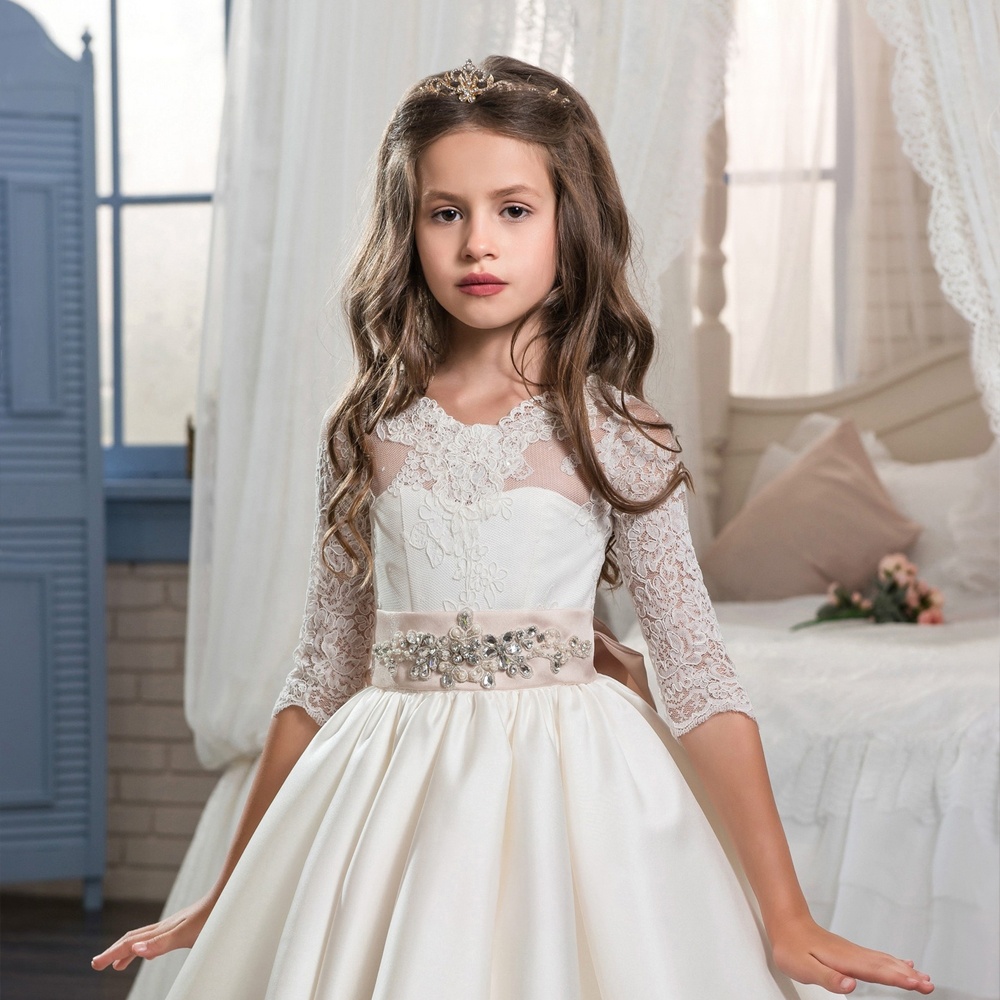 OEM beautiful first communion dresses for girls half sleeves girls ball gown dresses lace 2019 flower girls dresses for wedding