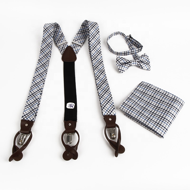 Fashion accessory grid mens adjustable bow tie with suspenders set custom
