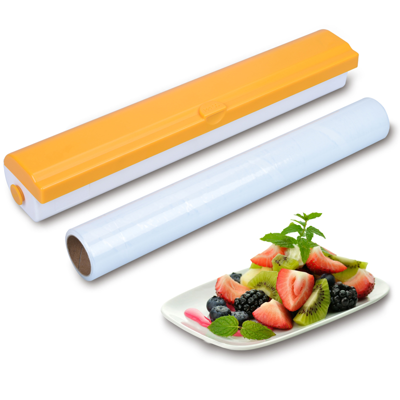 Newest Creative Household Kitchen Food Wrap Plastic Cutter Cling Film Dispenser with Stainless Steel Blade for Stretch Film Roll