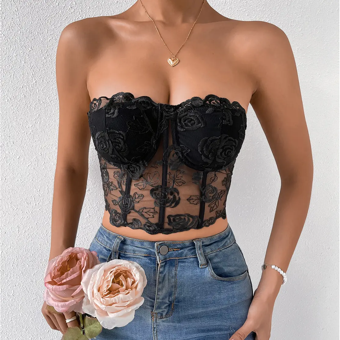 Sexy Women's Floral Lace Corset Strapless Sleeveless Streetwear Y2k Crop Tube Top
