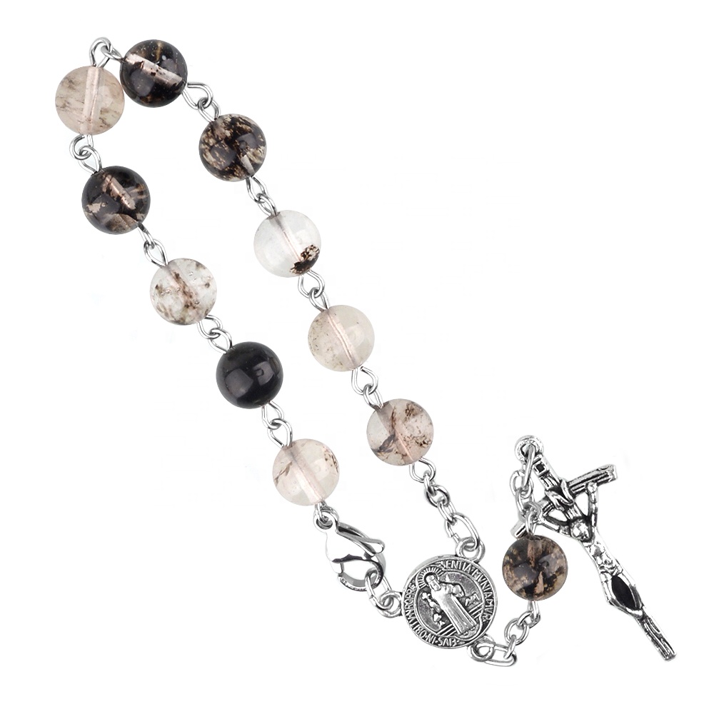 Tourmaline Stainless Steel Decade Rosary Stone Catholic Virgin Mary St Benedict Cross Bracelet