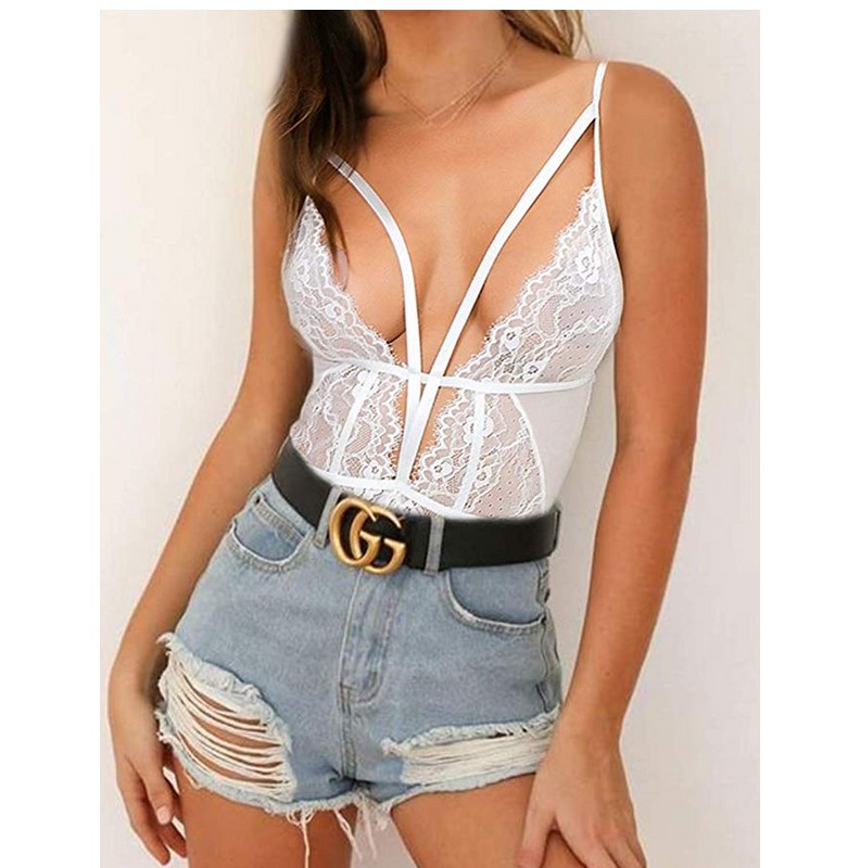 Embroidery Transparent One Piece Deep V Neck Bodysuit Lace Balconette Bralette Set Sexy Lingeries
