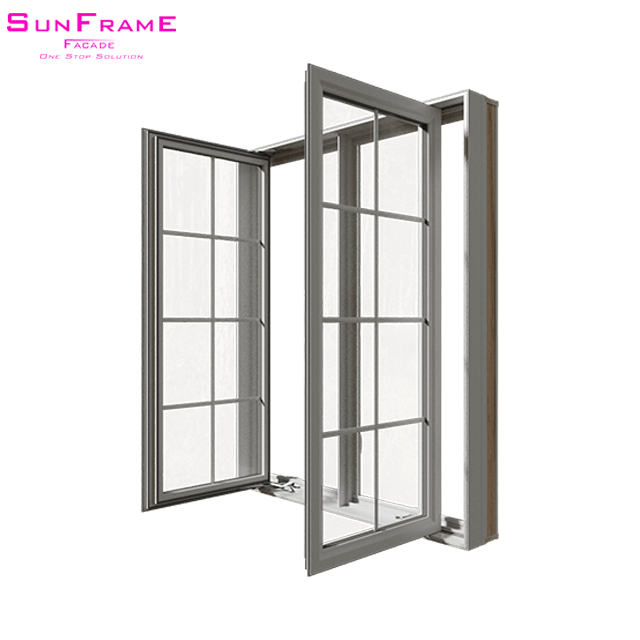 French style window with Grids and screen windows frame aluminium flush casement windows