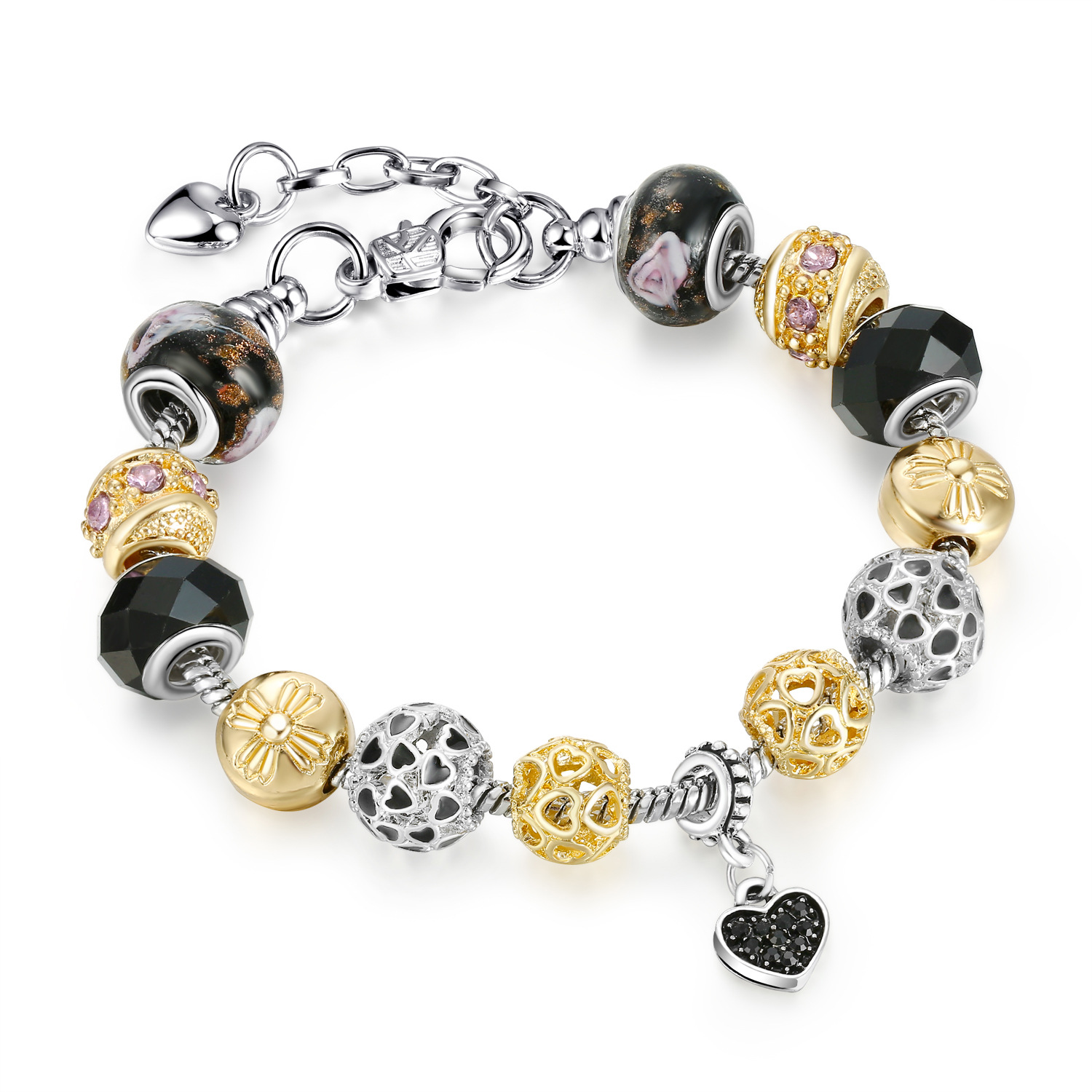 DIY Jewelry Gold Silver Plated Heart Hollow Ball Beaded Bracelet Inlaid Crystal Beaded Love Heart Charm Bracelet