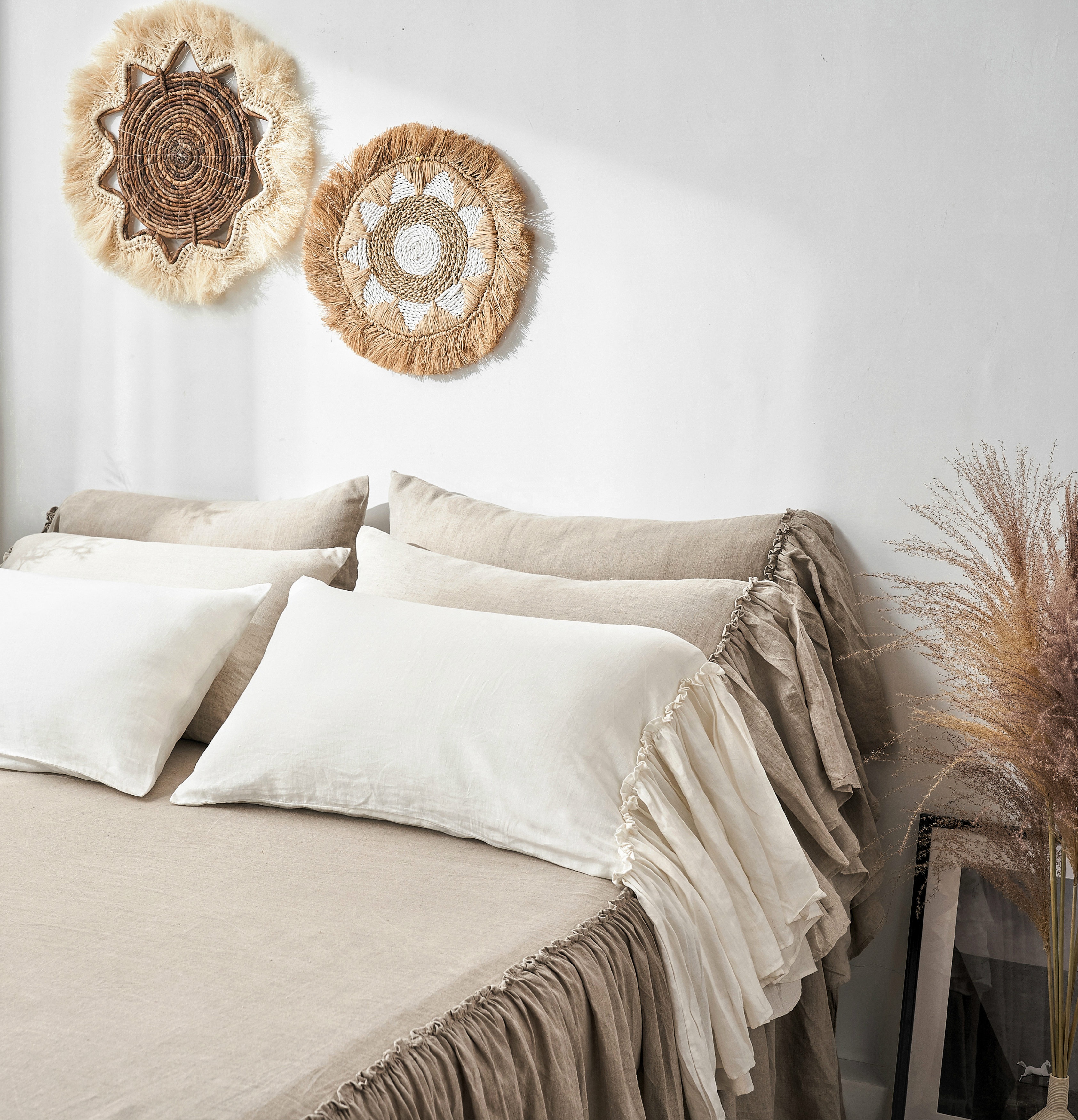 pure linen Sheet Set Queen Size linen coverlet Vintage Mermaid Tail Fringe Ruffle french flax linen set