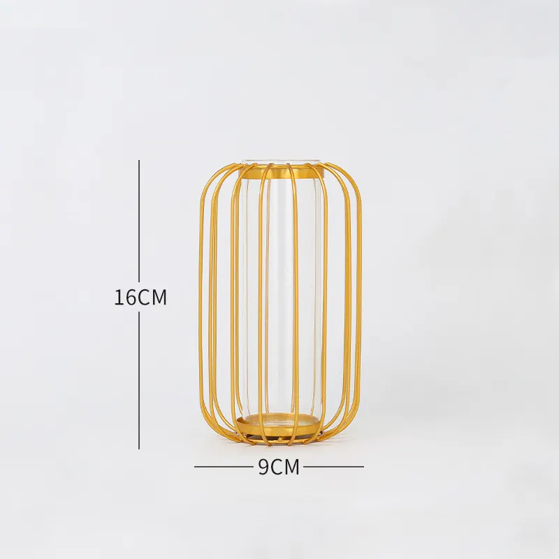 9*16 CM Gold Lantern Shape Vase Hydroponics Hollow Glass Vases Gold Wire Geometric Pot Iron Frame Metal Vases