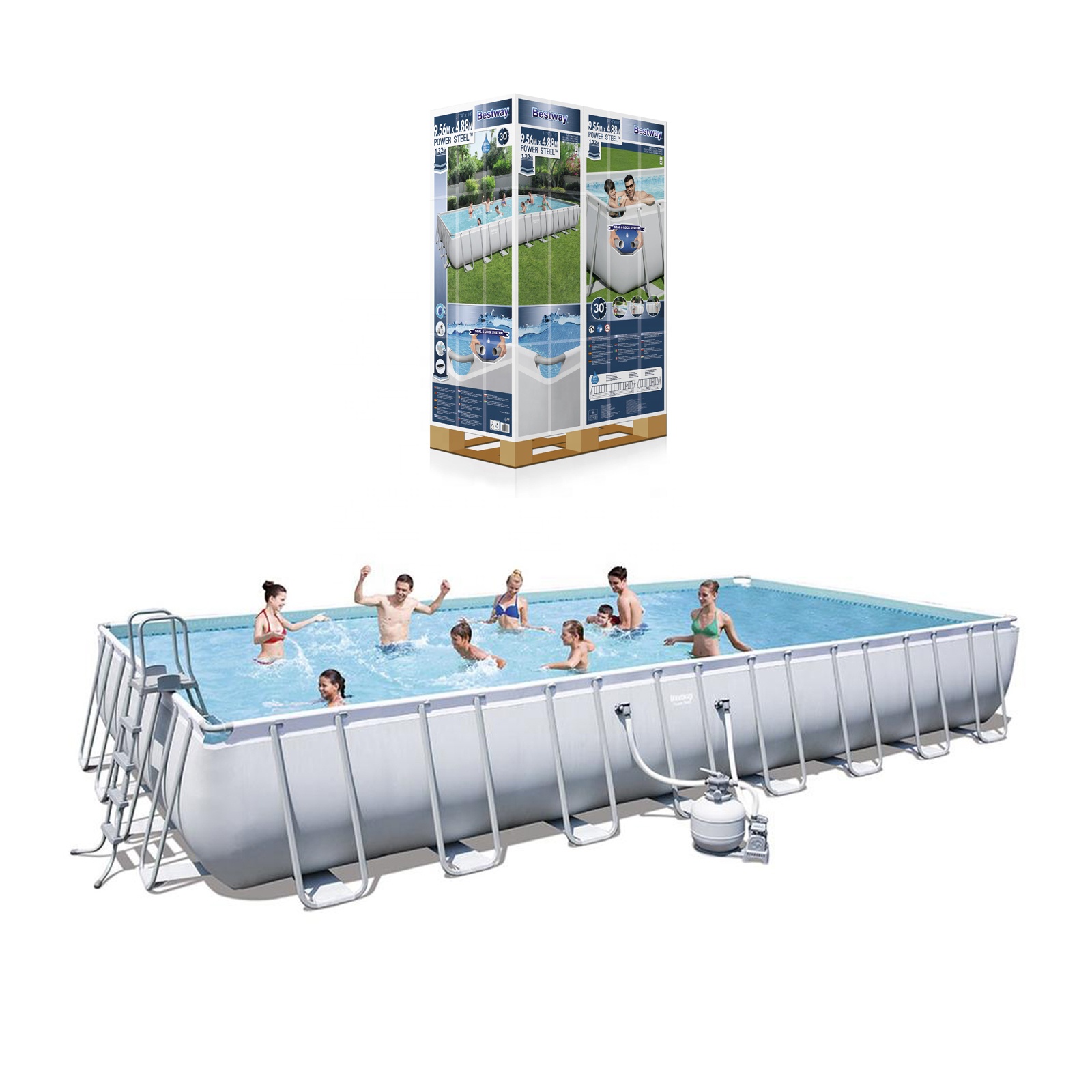 Bestway 56623 31FT 9m большая прямоугольная стальная рама, набор для бассейна с насосом пескового фильтра, крышкой и безопасной лестницей
