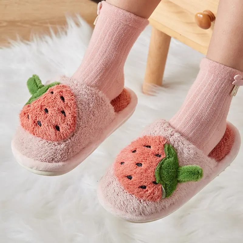Winter Kids strawberry Slippers Candy Color Plush Indoor Slippers for Boys Baby Toddler Girls Soft Warm Non Slip Floor Children