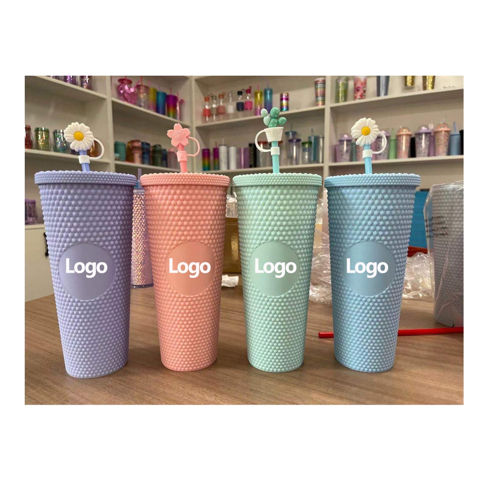 studded tumbler cups 2021 New double wall black matte studded tumbler with straw and lid