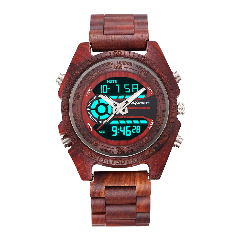 Shifenmei Digital Wood Watch for Men Auto Chronograph Military Wristwatch a Man's Dual Display Watches Luminous Relojes Hombre