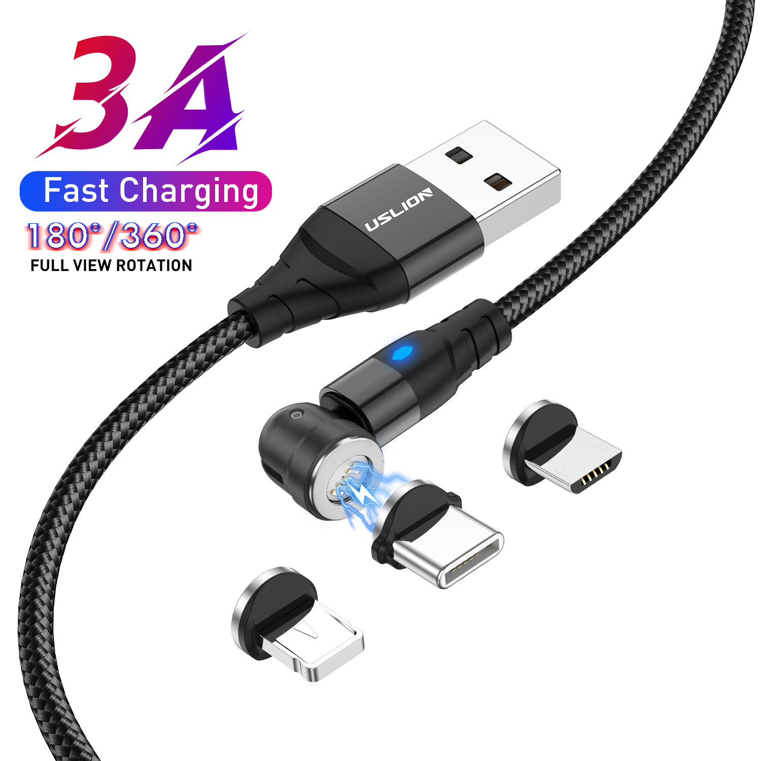 Магнитный зарядный кабель USLION OEM 3 в 1 с поворотом на 540 градусов, usb-кабель Type C Micro USB C 8 Pin, зарядный Магнитный кабель android, зарядный шнур