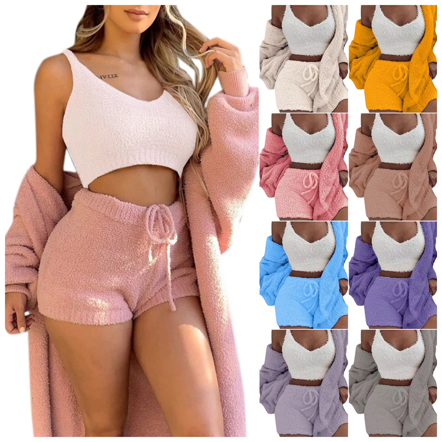 Wholesale Fleece Long Sleeve Robe Crop Top Shorts Three Piece Plus Size Loungewear Cozy Plush Fleece Lounge Women Pajama Set
