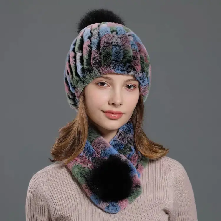 CX-SET-26K Fashion Hat for Girl Hand Knitted Real Rex Rabbit Fur Women Winter Hat and Scarf Set