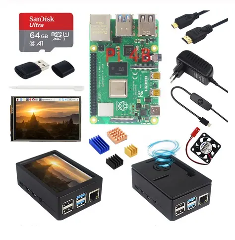 Raspberry Pi 4 Model B ABS Case+Power Supply+ 64GB SD Card+ Heatsink Optional 3.5 inch Touch Screen|Fan|Micro for RPI 4