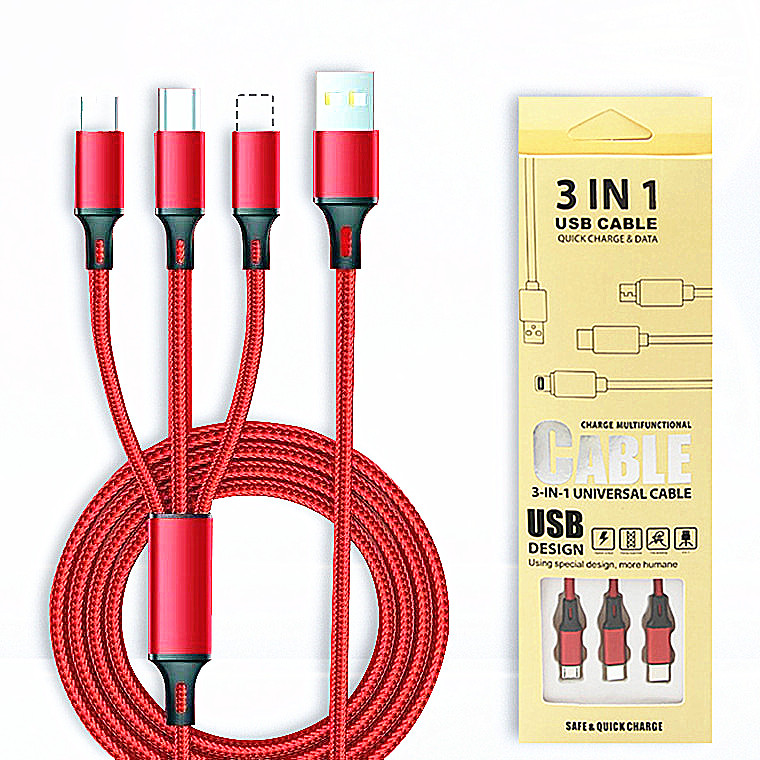 Зарядный Usb-кабель 3 в 1, нейлоновый плетеный кабель 3 в 1, кабель для быстрой зарядки и передачи данных для Ipone, Micro и Type C кабеля