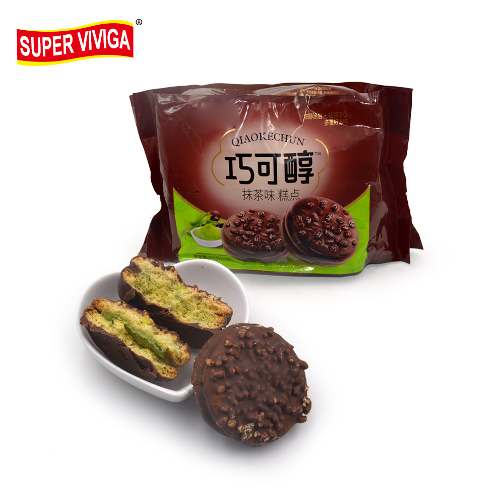 Hot selling halal matcha flavor Flat cake with Chocolate Coated layer cake
