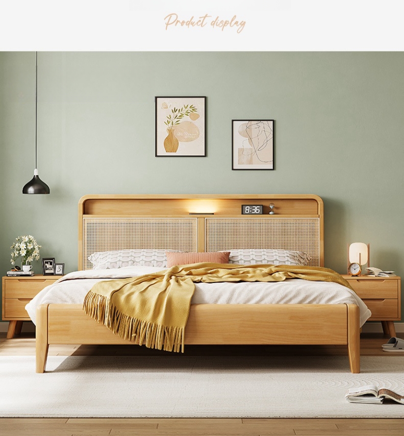 King Size Rattan Art Solid Wood Bed Wooden Bed For Home Queen Wooden Bed Simple Bedroom Furniture for home apartment