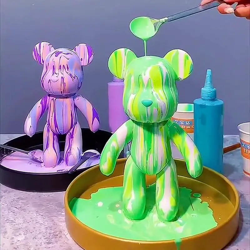 Fluid Bear set Handmade Diy Graffiti Bearbrick Statue Manual Parent-child Toys Fluid Painting Violent Bear Sculpture Home Decor
