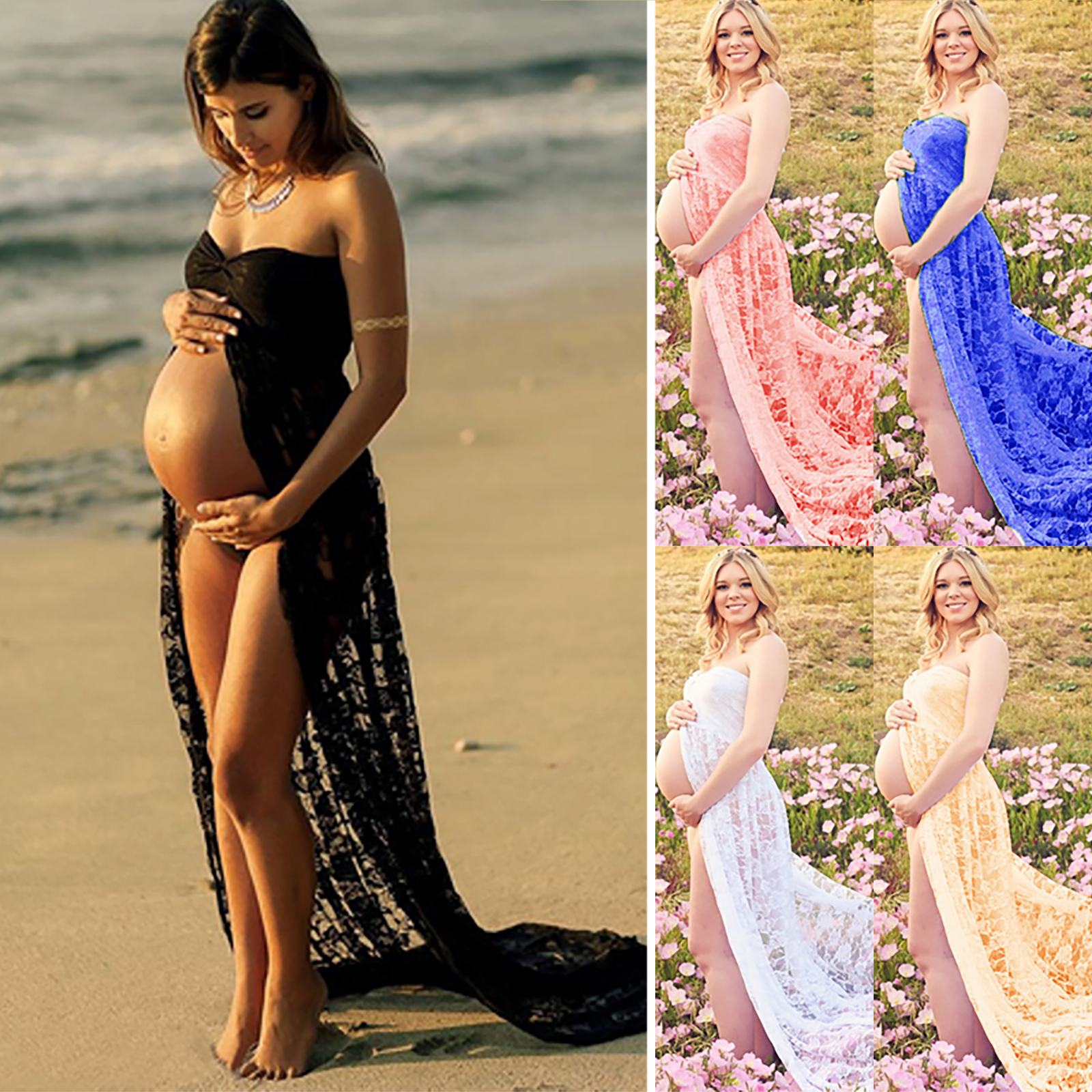 Latest Pregnant Clothing Floor Length Off Shoulder Lace Cut Front Designs Photoshoot Maternity Dress