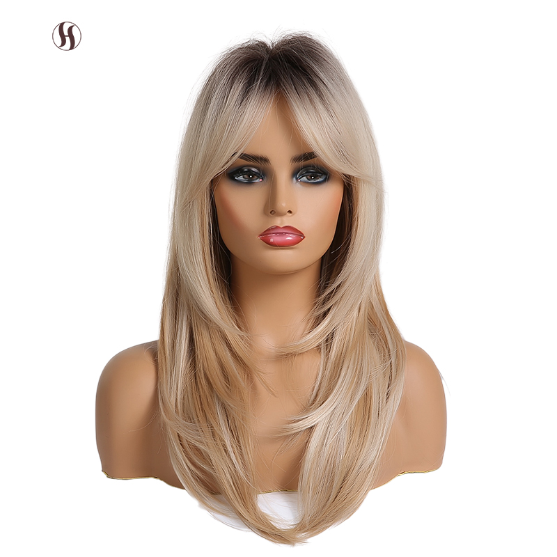 Cheap High Quality Synthetic Ombre Brown Gold Long Straight Wigs