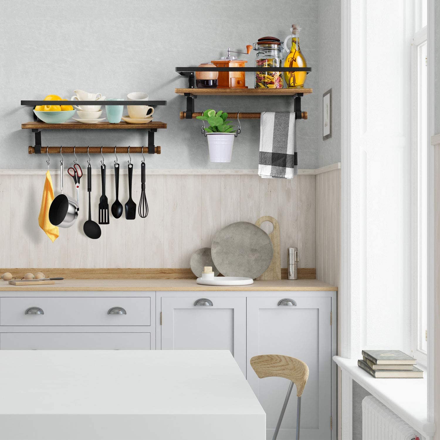 Rustic Wood Shelf For Bathroom Kitchen Decor Storage Shelf With 8 Removable Hooks And Towel Bar Wooden Shelf