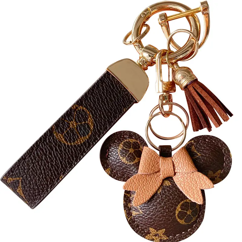 Wholesale fashion ladies pu leather minnie mouse keychain lanyard vintage plaid keyring women designer checkered car keychain