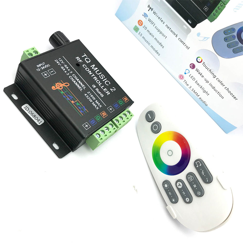 Светодиодный музыкальный контроллер OEM Factory, 12 В, 24 В, два выходных RGB 144 Вт, радиочастотный сенсорный пульт дистанционного управления музыкой и синхронизацией, rgb светодиодный музыкальный контроллер