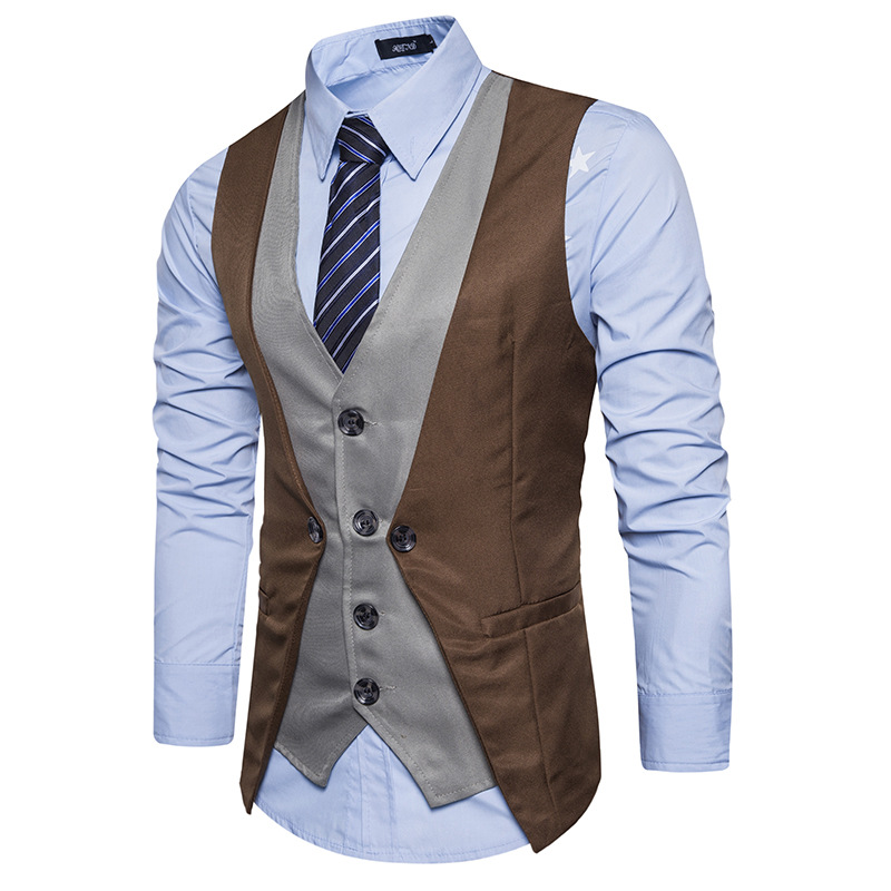 European Code New Personality Stitching Single-Breasted Casual Men's Tight Suit Vest & Waistcoats Slim Fit