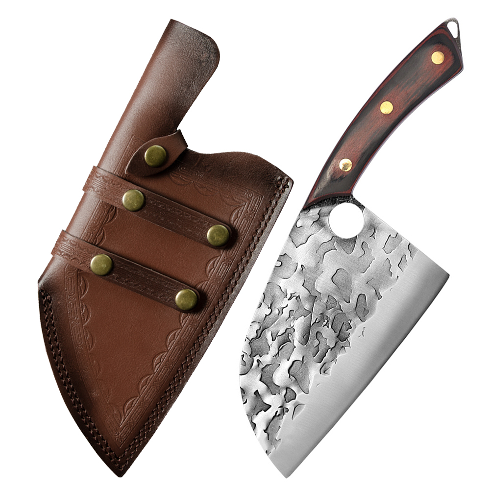 Amazon Hot Outdoor Cooking Knives 7 Inch Full Tang Ergonomic Handmade Large Professional Butcher Knife Set With Leather Sheath