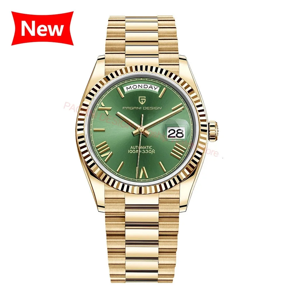 PAGANI DESIGN 1752 Gold Green Mens Watches Mechanical Automatic Seagull ST16 Luxury Sapphire Mirror 100m Waterproof Reloj Hombre