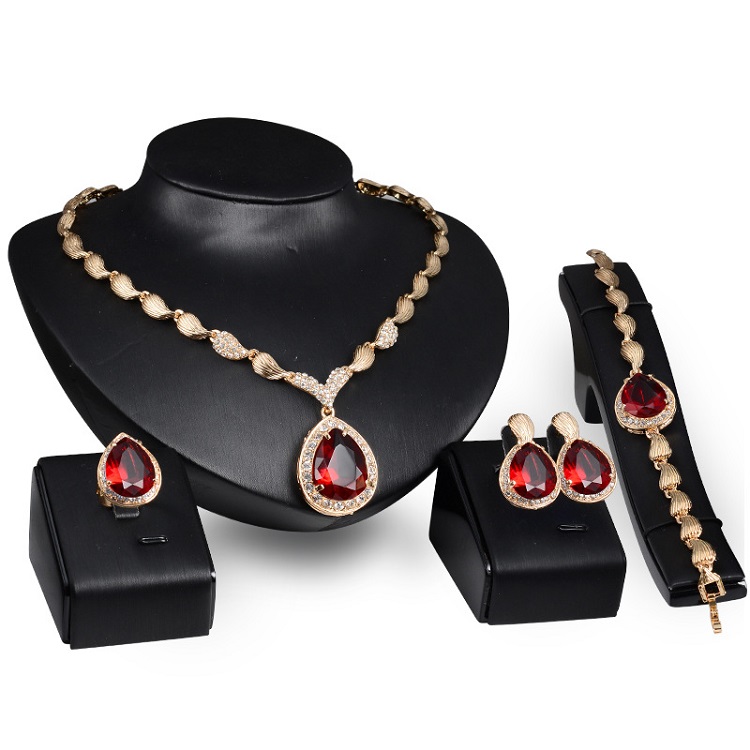 Women Fashion Jewelry Sets Luxury Saudi Dubai 18K Gold Plated Red Crystal Water Drop Pendant Wedding Bridal African Jewelry Set