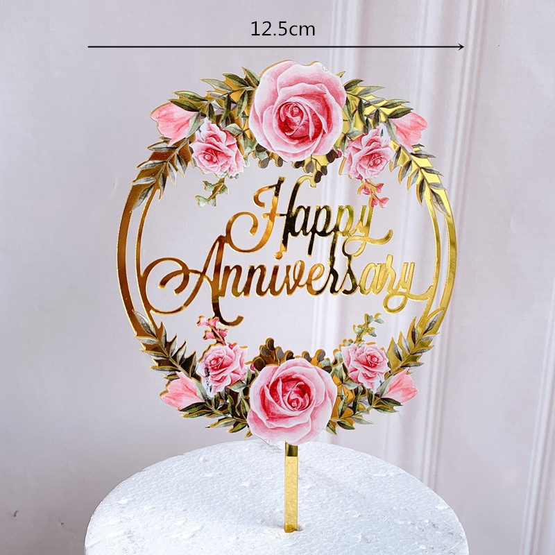 New Colored flowers Happy Birthday Cake Topper Golden Acrylic Birthday party Dessert decoration for Baby shower Baking supplies