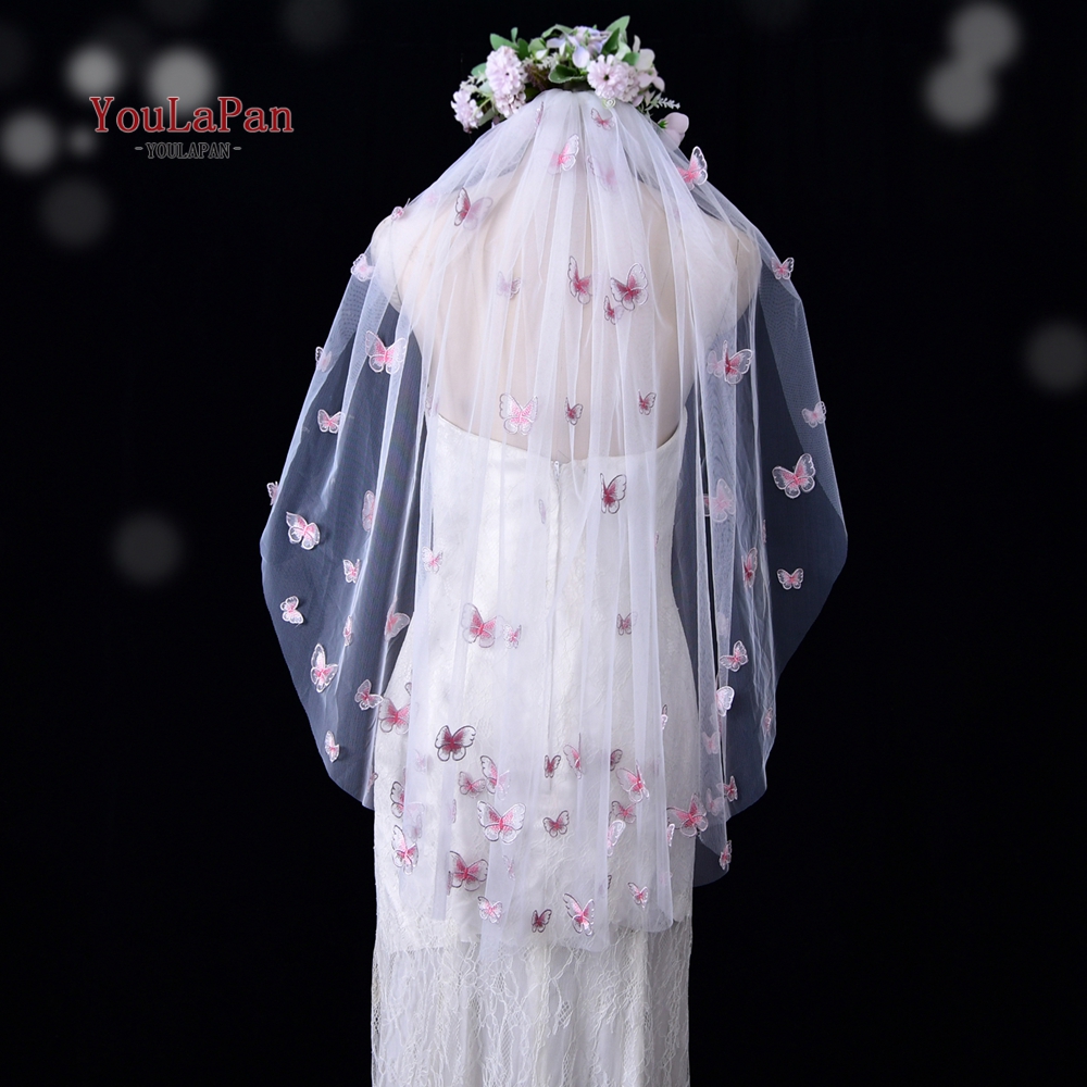 YouLaPan V24 Bridal Veil Short Hand-stitched Butterfly Themed Net Bridal Veil For Bachelorette Party