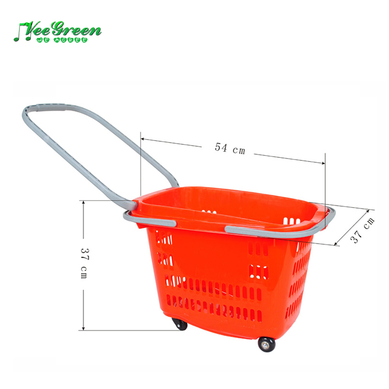 Supermarket Plastic Rolling Shopping Baskets with Wheels