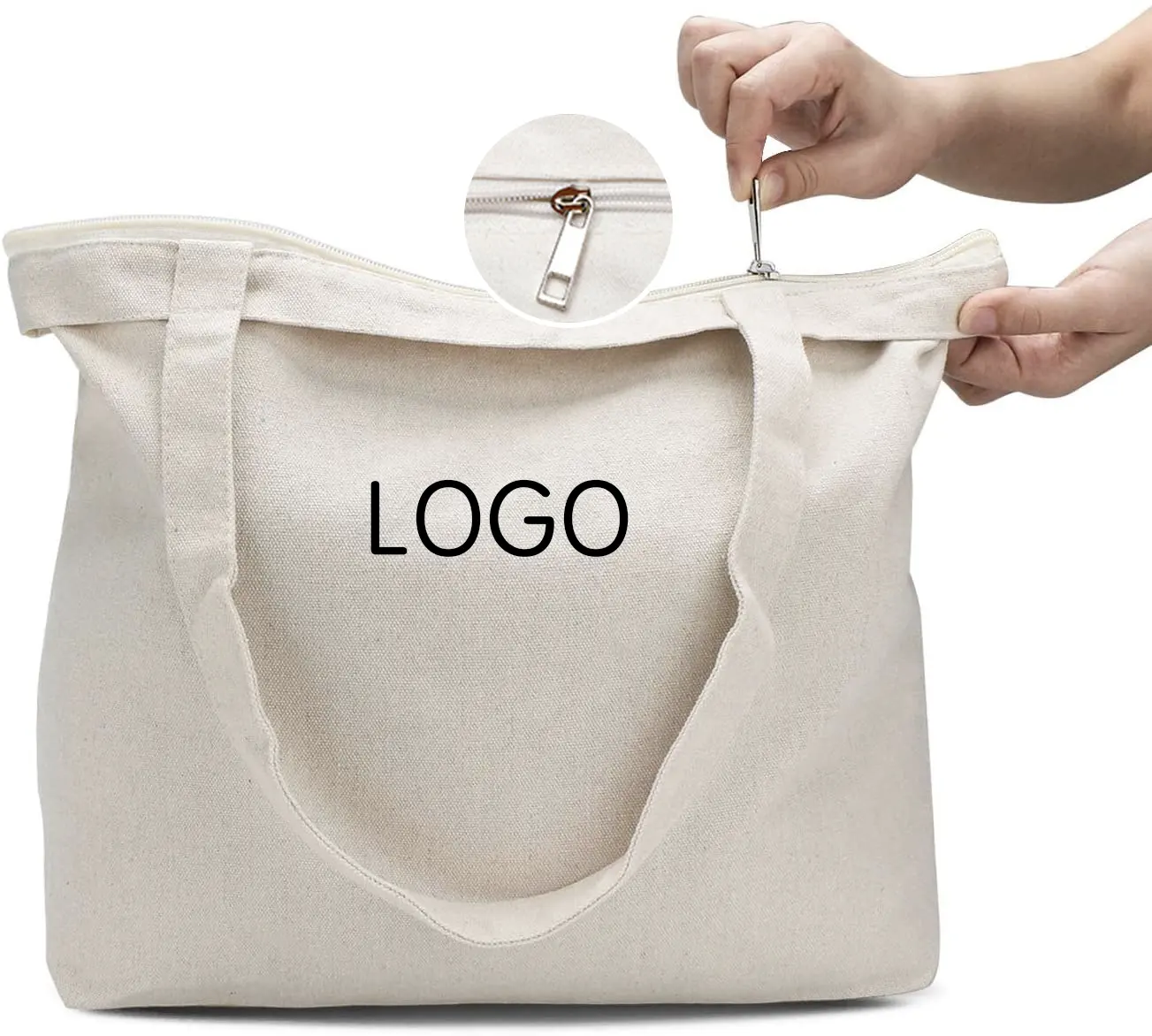 Customized Logo Printed  Recycle Plain Organic Cotton Canvas Tote Shopping Bags with zipper