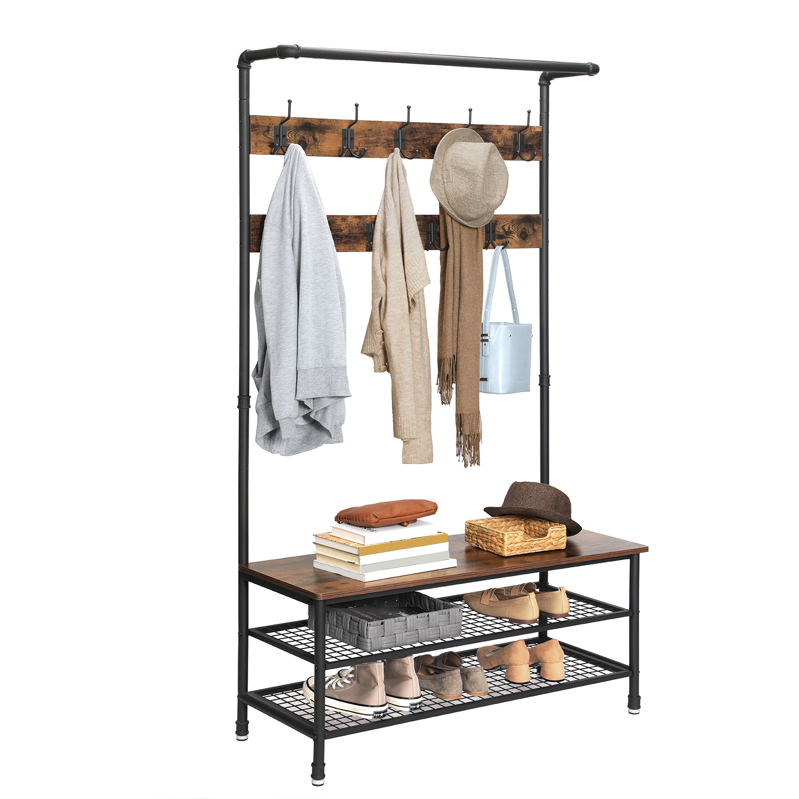 Metal Frame Furniture Industrial Coat Rack Entryway Shoe Bench Storage Shelf Organize Coat Rack