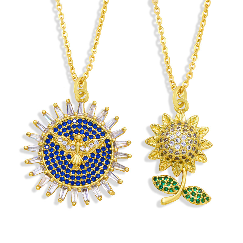High quality 18k gold plated zircon sunflower necklace jewelry bling cz tennis sun flowers necklace for women