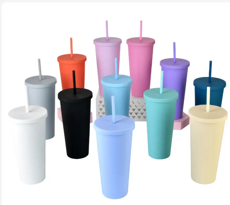 Watersy 2021 New Fashion 24oz Double Wall Plastic Matte Pastel Colored Acrylic Tumblers Outdoor Cups with Lids and Straws