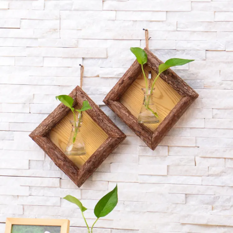 Handmade glass hanging flower vase wood plant terrarium
